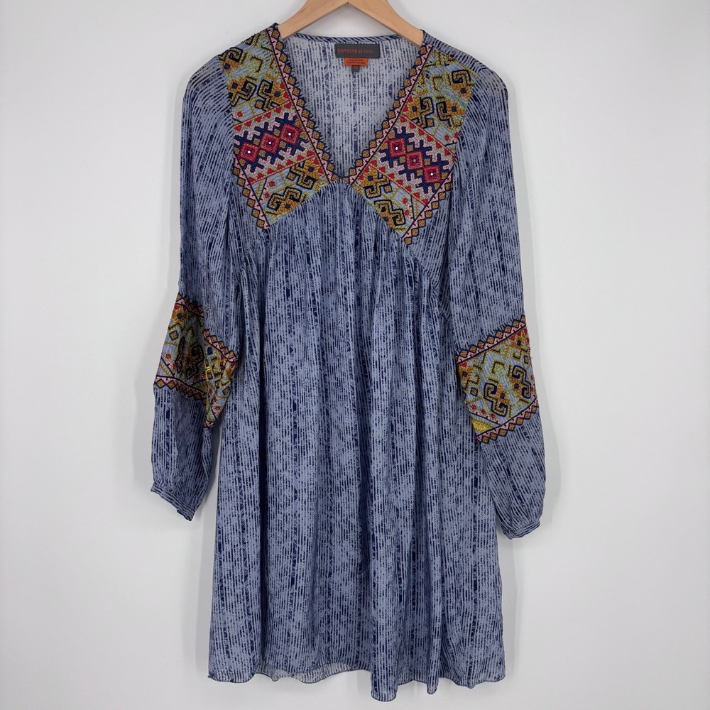 Anthropologie Bhanuni Linne Dress Womens XS Blue Embroidered Boho‎ V-Neck Mini